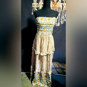 Strapless long tiered yellow and blue flower dress